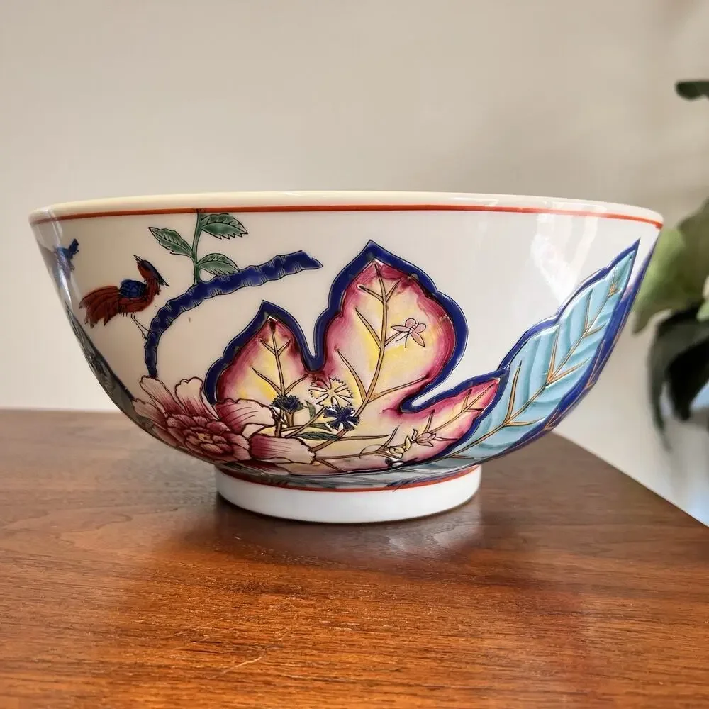 Chinese Export Tobacco Leaf Bowl 12x8” Chinoiserie Oriental Asian Hand Painted